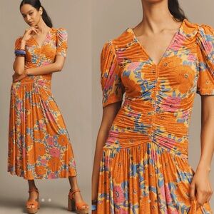 FARM Rio X Anthropologie short sleeve v neck ruched midi dress